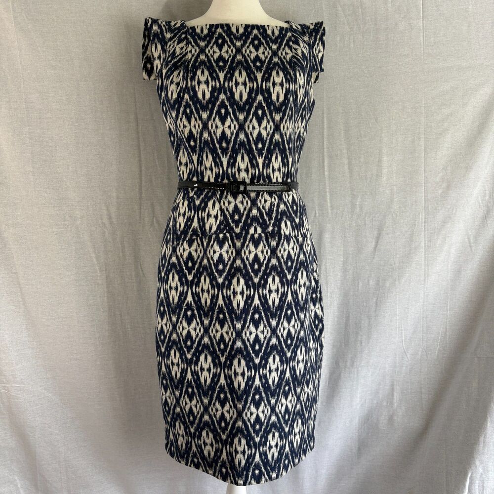Single Navy Ivory Ikat Belted Sheath Dress Size 6 Made in USA
